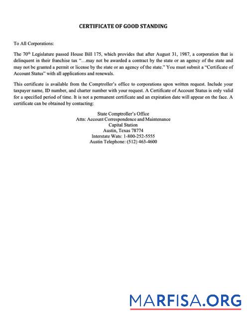 Printable USA Texas certificate of good standing Word and PDF template